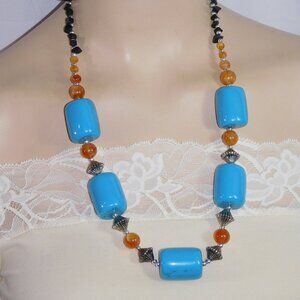 bright Acrylic Blue Tangerine Seed Beads Antique Hand Made Charm Necklace